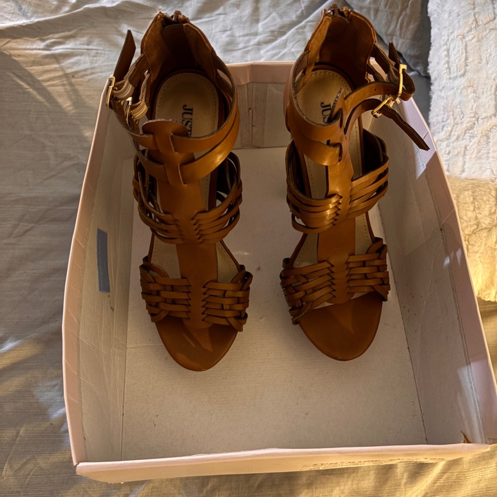 Brand New still in box JustFab Brown Strappy Heel with Tan Sole